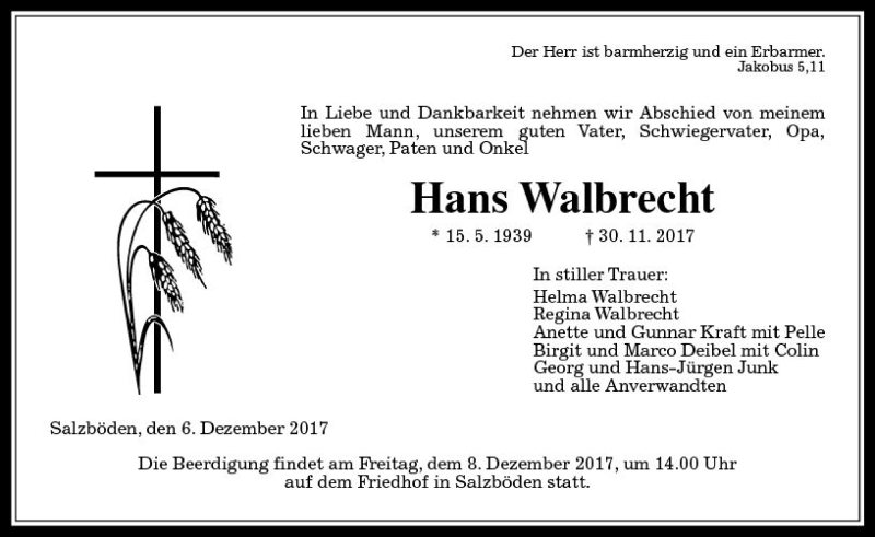  Traueranzeige für Hans Walbrecht vom 06.12.2017 aus  Oberhessische Zeitung