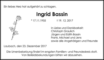 Traueranzeige von Ingrid Bassin von  Gießener Anzeiger