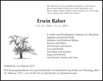 Traueranzeige von Erwin Balser von  Gießener Anzeiger