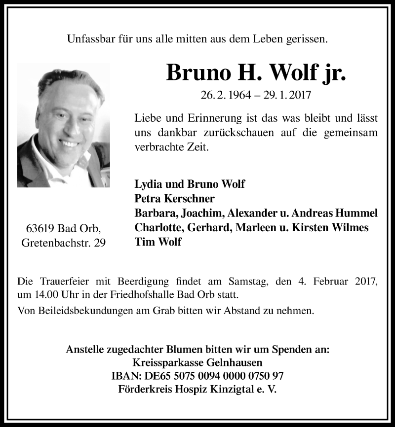 Traueranzeige für Bruno H. Wolf vom 01.02.2017 aus  Gelnhäuser Tageblatt
