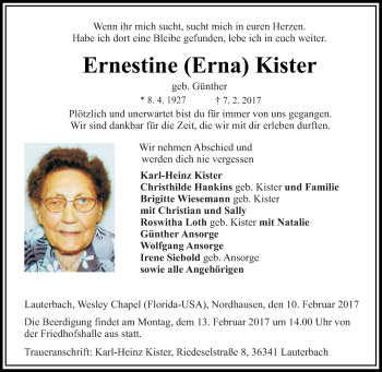 Traueranzeige von Ernestine Erna Kister von  Lauterbacher Anzeiger