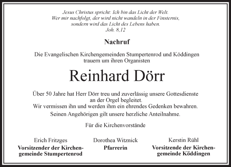  Traueranzeige für Reinhard Dörr vom 14.02.2017 aus  Oberhessische Zeitung