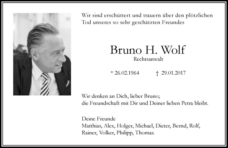  Traueranzeige für Bruno H. Wolf vom 02.02.2017 aus  Gelnhäuser Tageblatt
