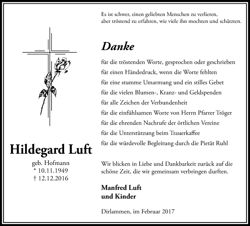  Traueranzeige für Hildegard Luft vom 04.02.2017 aus  Lauterbacher Anzeiger