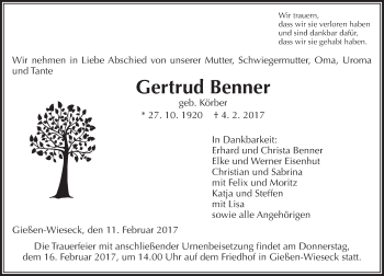 Traueranzeige von Gertrud Benner von  Gießener Anzeiger