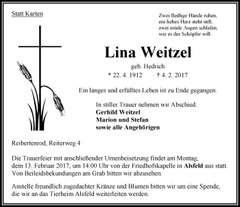 Traueranzeige von Lina Weitzel von  Oberhessische Zeitung