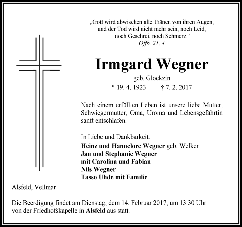  Traueranzeige für Irmgard Wegner vom 11.02.2017 aus  Oberhessische Zeitung