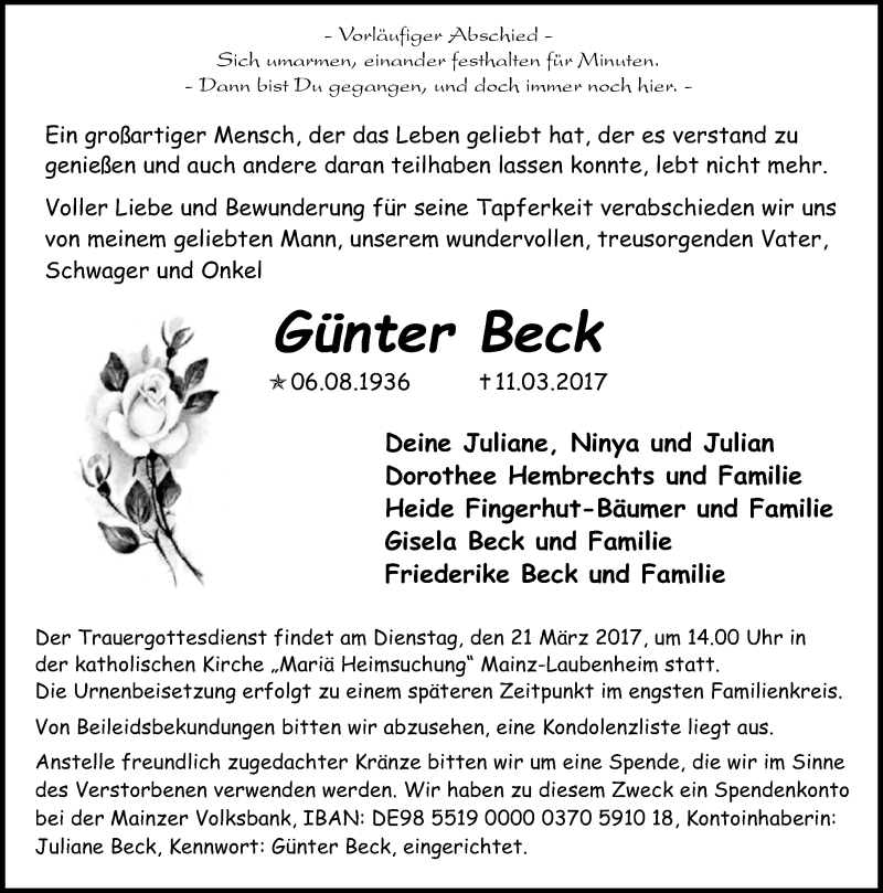  Traueranzeige für Günter Beck vom 18.03.2017 aus Trauerportal Rhein Main Presse