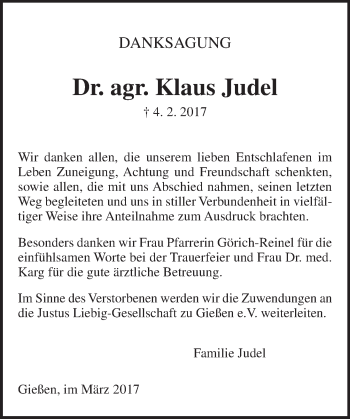 Traueranzeige von Klaus Judel von  Gießener Anzeiger