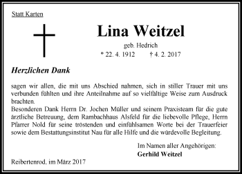 Traueranzeige von Lina Weitzel von  Oberhessische Zeitung