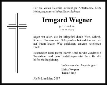 Traueranzeige von Irmgard Wegner von  Oberhessische Zeitung