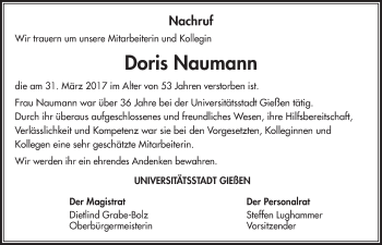 Traueranzeige von Doris Naumann von  Gießener Anzeiger