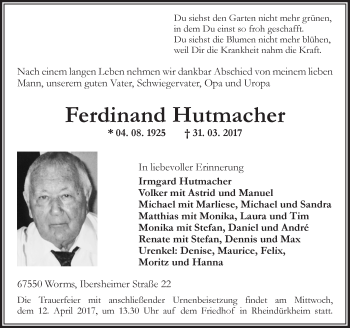 Traueranzeige von Ferdinand Hutmacher von Trauerportal Rhein Main Presse