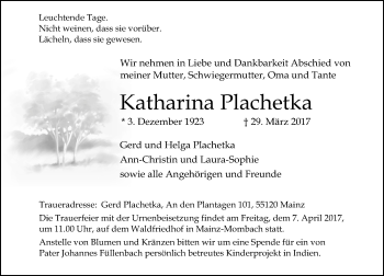 Traueranzeige von Katharina Plachetka von Trauerportal Rhein Main Presse