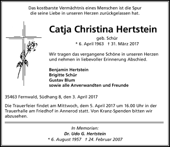Traueranzeige von Catja Christina Hertstein von  Gießener Anzeiger