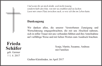 Traueranzeige von Frieda Schäfer von  Gießener Anzeiger