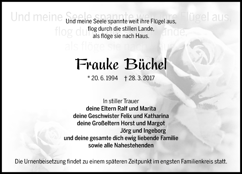  Traueranzeige für Frauke Büchel vom 04.04.2017 aus VRM Trauer