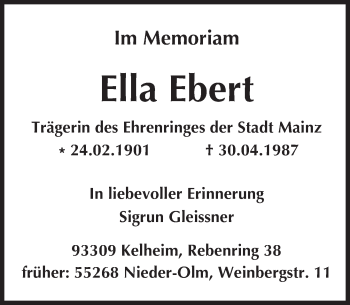 Traueranzeige von Ella Ebert von Trauerportal Rhein Main Presse