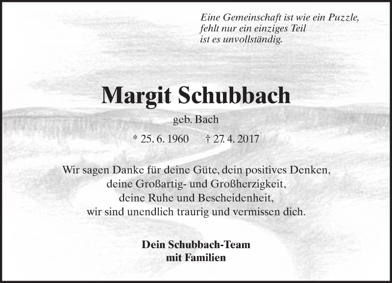  Traueranzeige für Margit Schubbach vom 29.04.2017 aus Trauerportal Rhein Main Presse