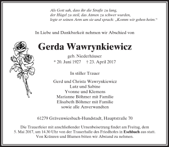 Traueranzeige von Gerda Wawrynkiewicz von  Usinger Anzeiger