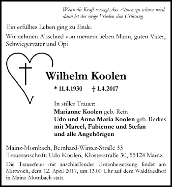 Traueranzeige von Wilhelm Koolen von Trauerportal Rhein Main Presse