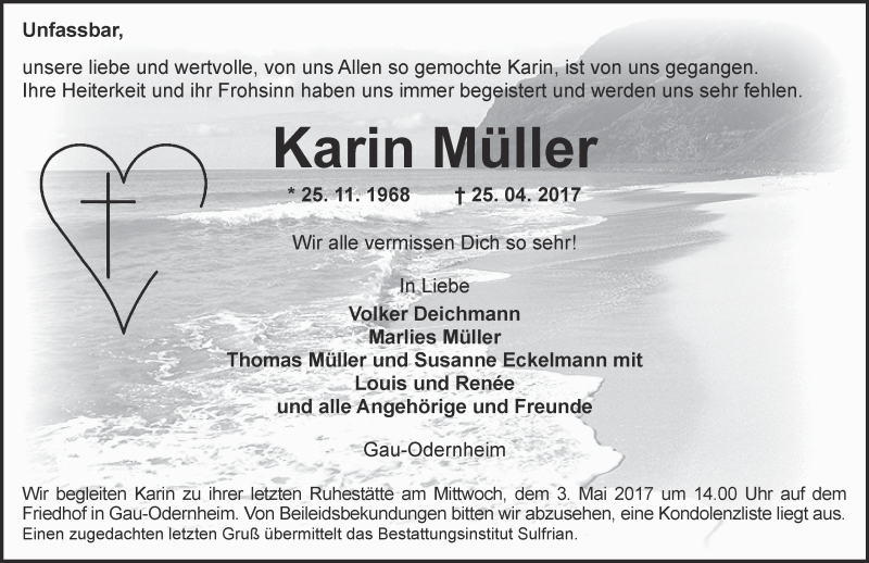  Traueranzeige für Karin Müller vom 29.04.2017 aus Trauerportal Rhein Main Presse