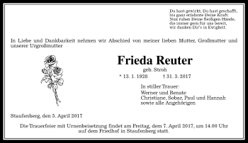 Traueranzeige von Frieda Reuter von  Gießener Anzeiger