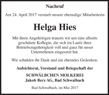Traueranzeige von Helga Hies von Trauerportal Rhein Main Presse