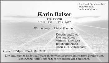 Traueranzeige von Karin Baiser von  Gießener Anzeiger