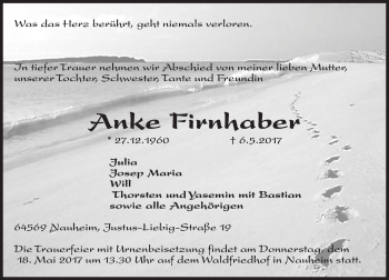 Traueranzeige von Anke Firnhaber von Trauerportal Rhein Main Presse