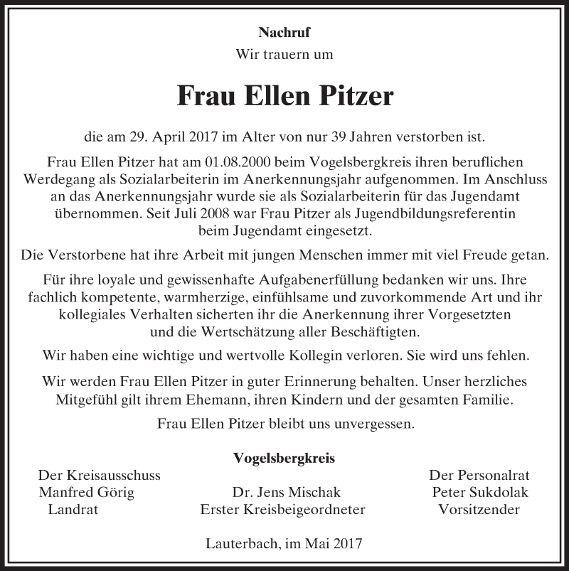  Traueranzeige für Ellen Pitzer vom 04.05.2017 aus  Oberhessische Zeitung