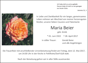 Traueranzeige von Maria Beier von  Gießener Anzeiger