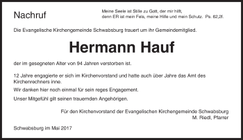 Traueranzeige von Hermann Hauf von Trauerportal Rhein Main Presse