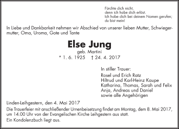 Traueranzeige von Else Jung von  Gießener Anzeiger