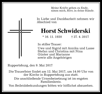 Traueranzeige von Horst Schwiderski von  Gießener Anzeiger