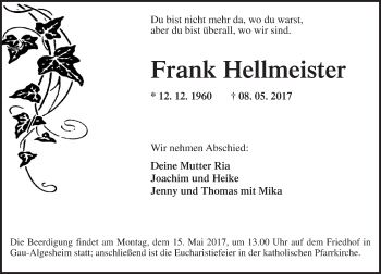 Traueranzeige von Frank Hellmeister von Trauerportal Rhein Main Presse