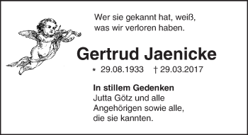 Traueranzeige von Gertrud Jaenicke von Trauerportal Rhein Main Presse