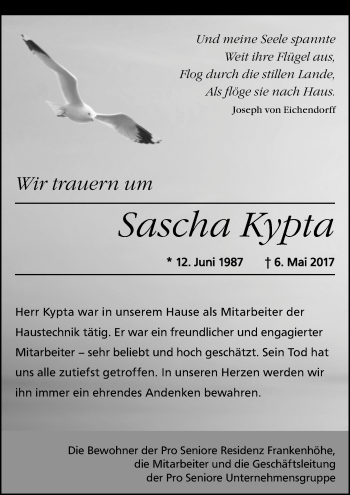 Traueranzeige von Sascha Kypta von Trauerportal Rhein Main Presse
