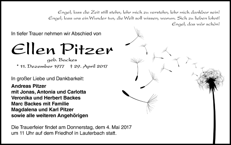  Traueranzeige für Ellen Pitzer vom 02.05.2017 aus  Oberhessische Zeitung