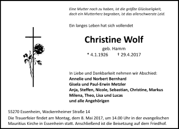 Traueranzeige von Christine Wolf von Trauerportal Rhein Main Presse