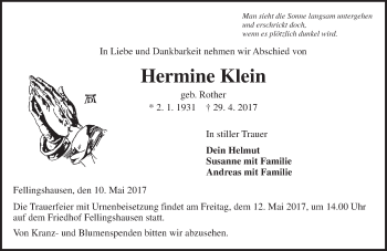 Traueranzeige von Hermine Klein von  Gießener Anzeiger