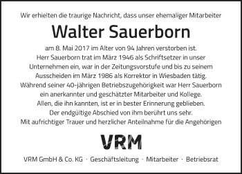 Traueranzeige von Walter Sauerborn von Trauerportal Rhein Main Presse