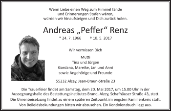 Traueranzeige von Andreas Peffer Renz von Trauerportal Rhein Main Presse
