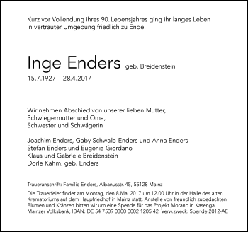 Traueranzeige von Inge Enders von Trauerportal Rhein Main Presse