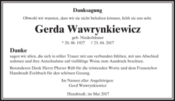 Traueranzeige von Gerda Wawrynkiewicz von  Usinger Anzeiger