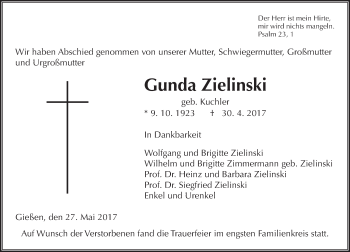 Traueranzeige von Gunda Zielinski von  Gießener Anzeiger
