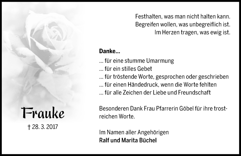  Traueranzeige für Frauke Büchel vom 13.05.2017 aus VRM Trauer