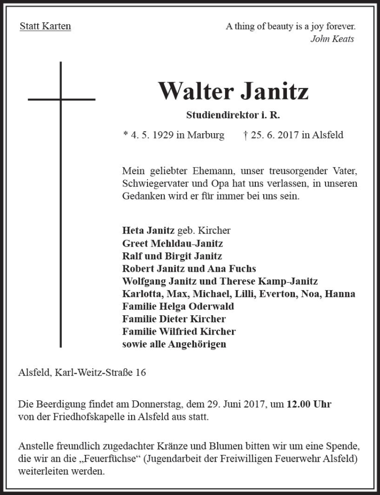  Traueranzeige für Walter Janitz vom 28.06.2017 aus VRM Trauer