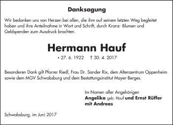 Traueranzeige von Hermann Hauf von Trauerportal Rhein Main Presse