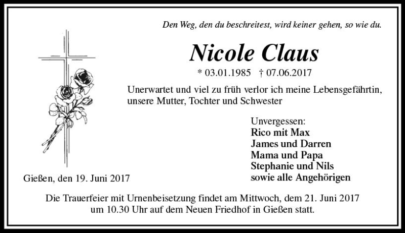  Traueranzeige für Nicole Claus vom 19.06.2017 aus  Gießener Anzeiger